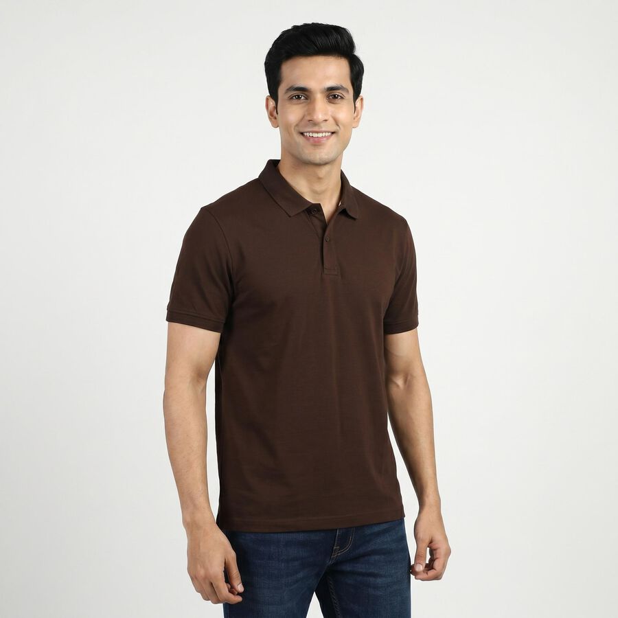 Men's Brown Cotton Polo Neck Preppy T-Shirt, Brown, large