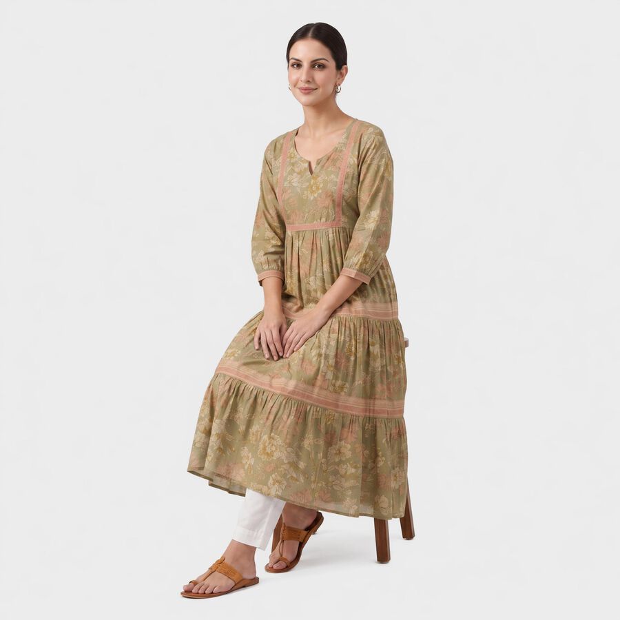 Women's Olive Green V-Neck Floral Printed Kurta, Light Green, large