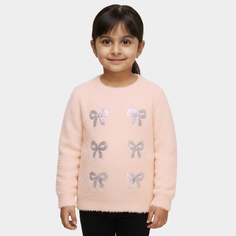 Girls Light Pink Round Neck Casual Pullover, हल्का गुलाबी, large image number null