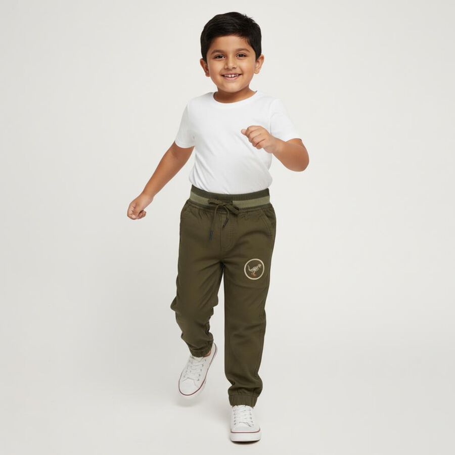 Boys' Olive Green Regular Fit Dinosaur Patch Jogger Trousers, ओलिव, large image number null