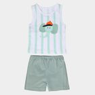 Infants' Mint Cotton Round Neck Striped and Graphic Printed Baba Suit, हल्का हरा, small