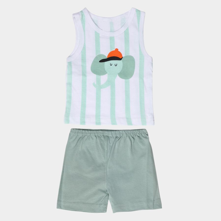 Infants' Mint Cotton Round Neck Striped and Graphic Printed Baba Suit, हल्का हरा, large