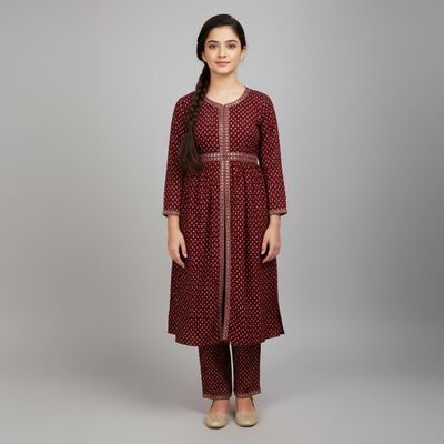 Girls' Deep Maroon Printed Fusion Set