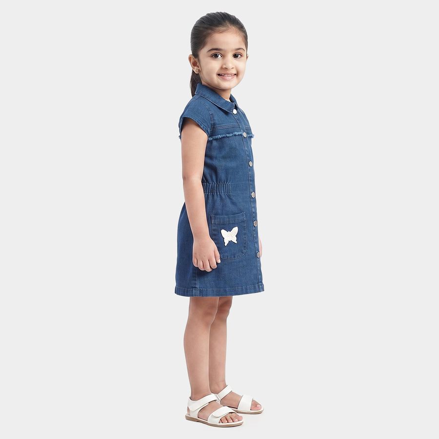 Girls' Blue Fit and Flare Butterfly Applique Denim Frock, मध्यम नीला, large