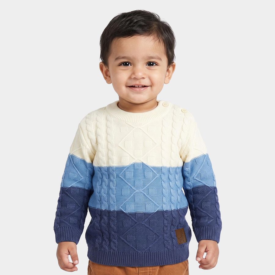 Infants' Blue Crew Neck Knitted Pullover, Mid Blue, large
