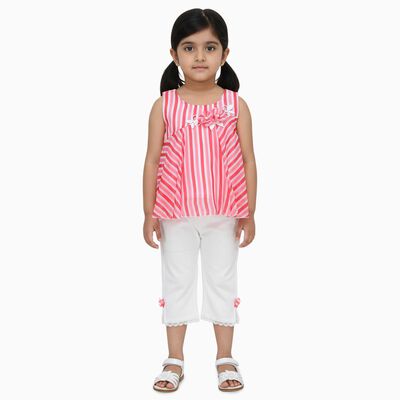Girls Bright Pink Sleeveless Striped Top and White Capri Set