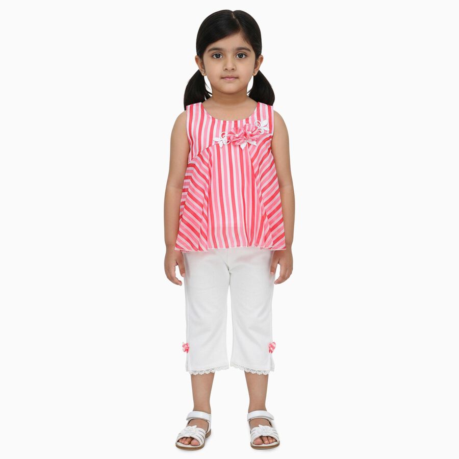 Girls Bright Pink Sleeveless Striped Top and White Capri Set, गुलाबी, large