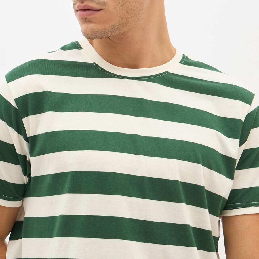 Men's Dark Forest Green Round Neck Striped T-Shirt, Dark Green, large image number null