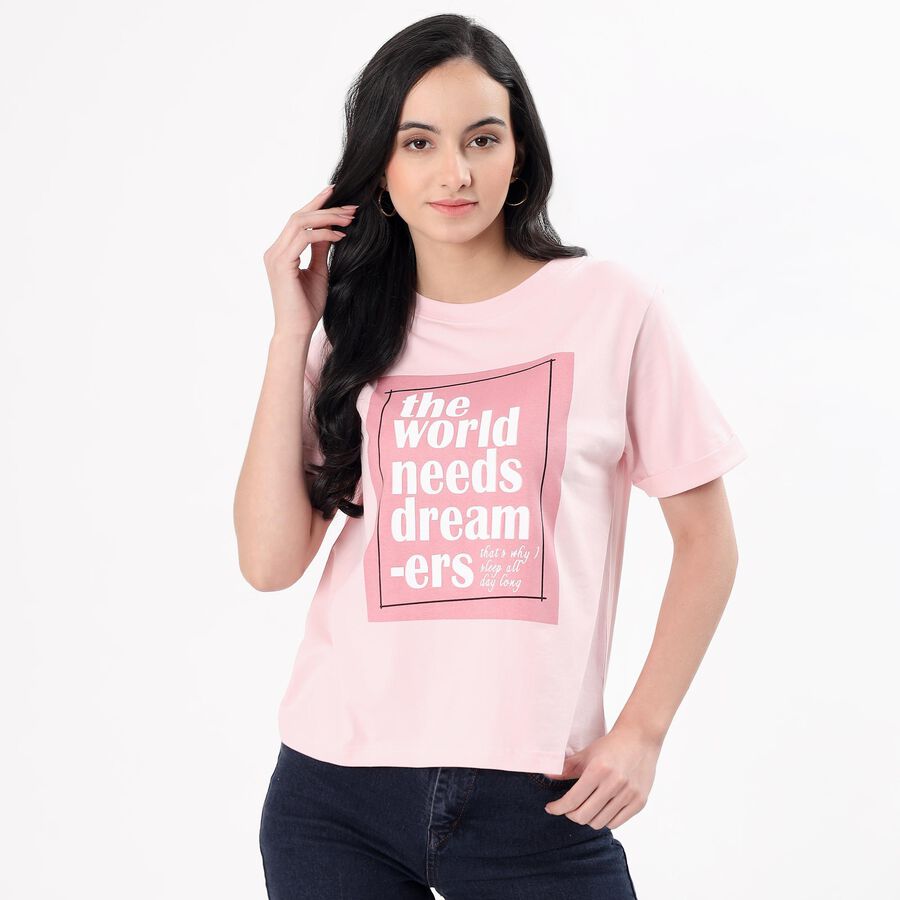 Women's Light Pink Round Neck Casual T-Shirt, गुलाबी, large