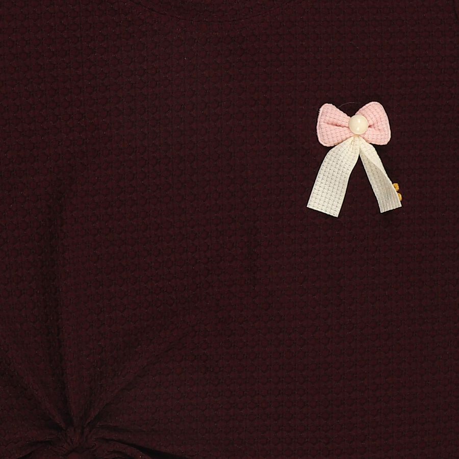 Girls' Maroon Mock Neck Ruffle Detail T-Shirt, Wine, large