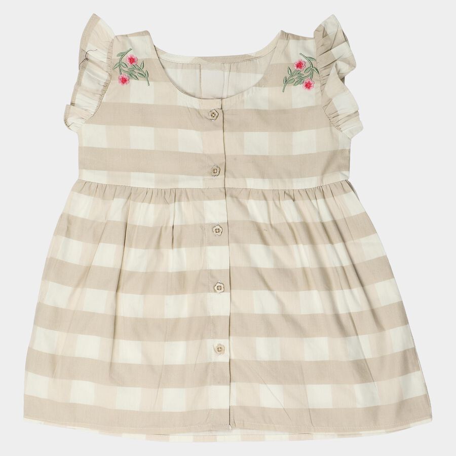 Infants' Beige Checked Embroidered Fit and Flare Frock, गहरा पीला, large