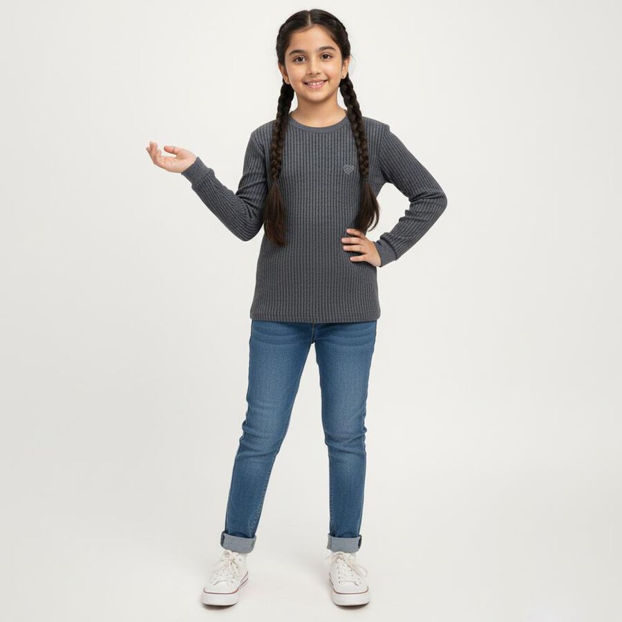 Girls Muted Charcoal Blue Round Neck Thermal, Melange Blue, large image number null