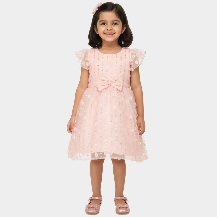 Girls' Pink Flared Floral Sequin Bow Frock, हल्का गुलाबी, large