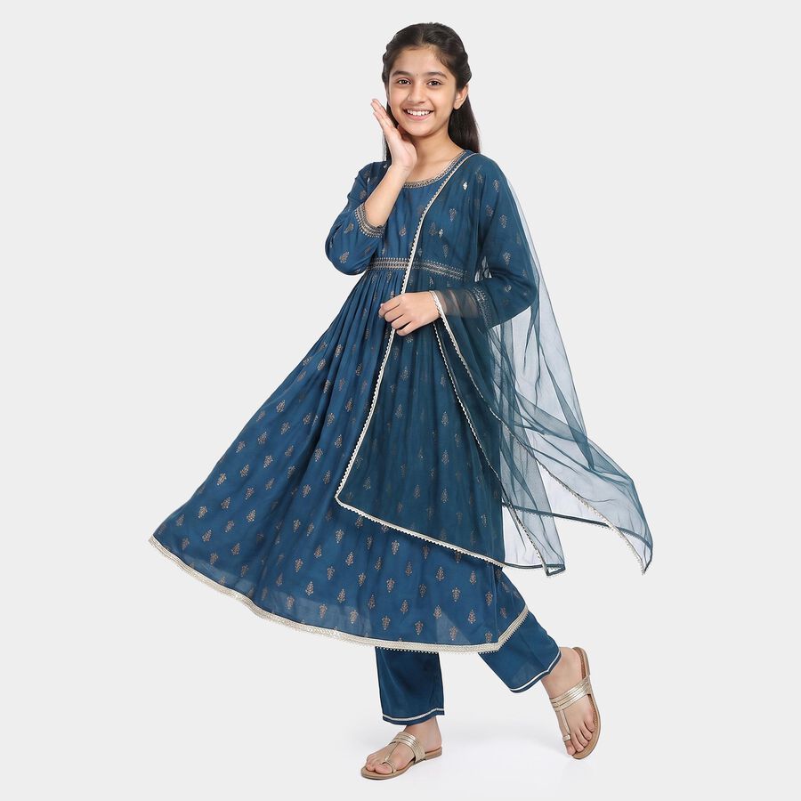 Girls Navy Blue Round Neck Fusion Set Upper and Bottom Set, नेवी ब्लू, large