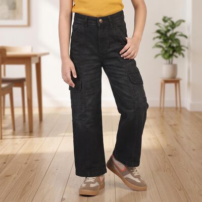 Girls' Black Relaxed Fit Cargo Jeans