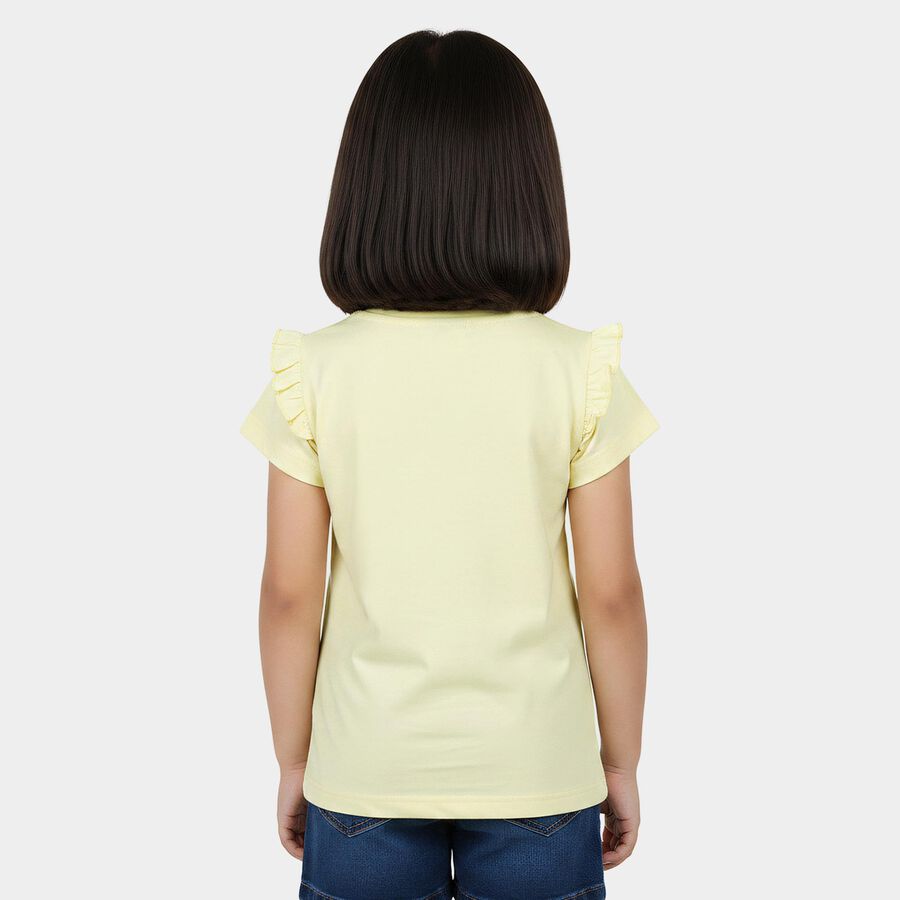 Girls Yellow Cotton Round Neck Casual T-Shirt, Yellow, large