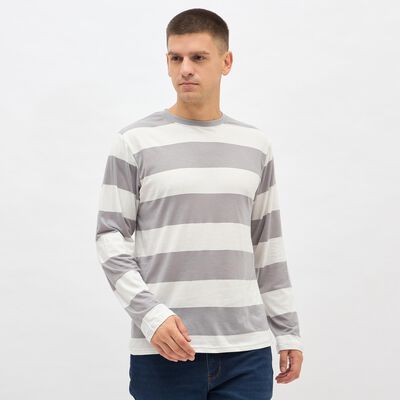 Men's Light Grey and White Crew Neck Casual Striped T-Shirt
