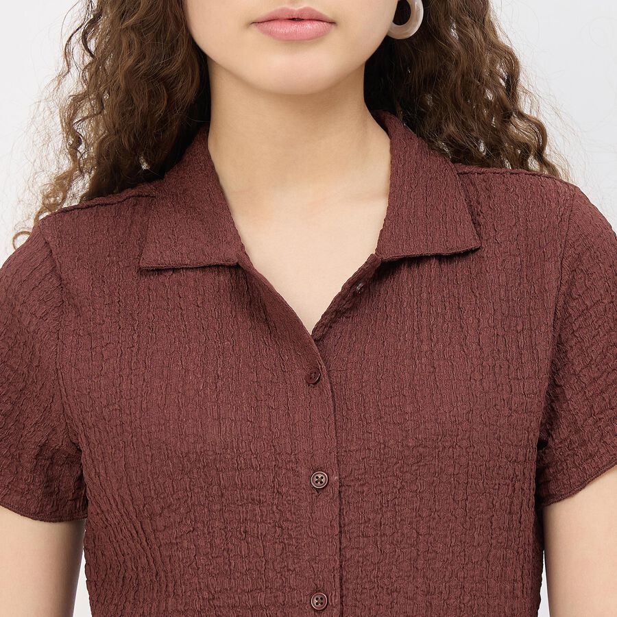 Women's Dark Chocolate Brown High Neck Minimalist Shirt, Brown, large