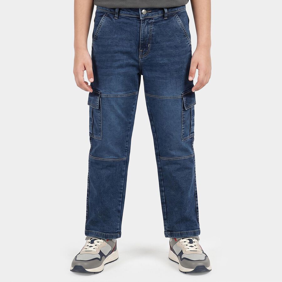 Boys Blue Straight Fit Cargo Jeans, Mid Blue, large