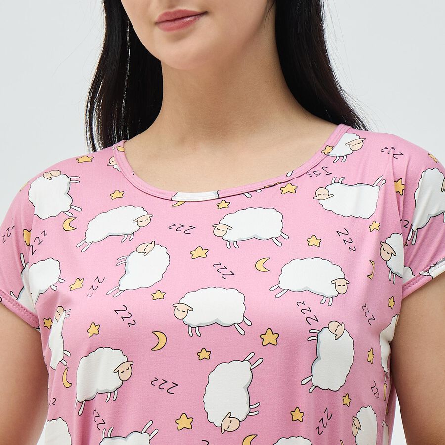 Women's Pink Round Neck Casual Nighty, गुलाबी, large