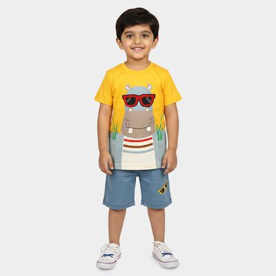 Boys' Yellow 100% Cotton Round Neck Graphic Print Baba Suit