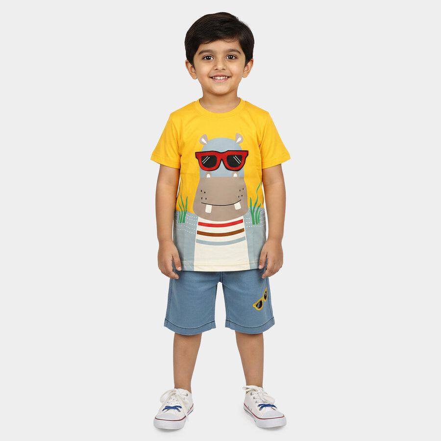 Boys' Yellow 100% Cotton Round Neck Graphic Print Baba Suit, मस्टर्ड, large