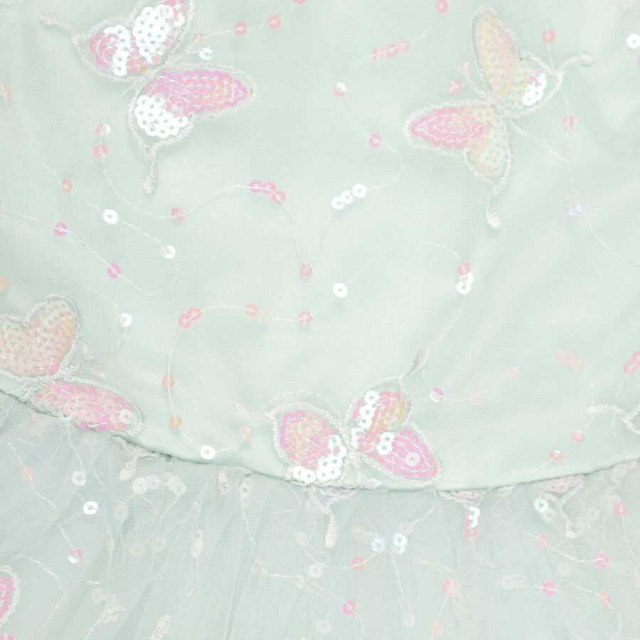 Girls' Soft Mint Green Butterfly Sequin Party Wear Frock, Light Green, large image number null