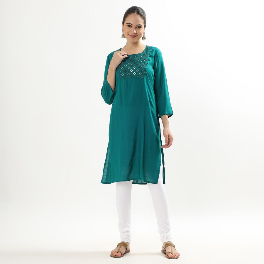 Women's Dark Teal Green Square Neck Embroidered Kurta, Dark Green, large image number null