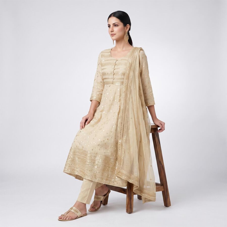 Women's Beige Round Neck Embellished Anarkali Kurta, Beige, large