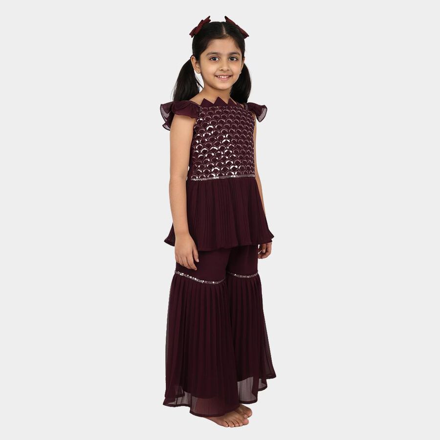 Girls Deep Maroon Sleeveless Embroidered Top and Sharara Fusion Set with Dupatta, Wine, large image number null