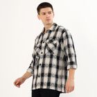 Men's Black and White Checked Spread Collar Casual Shirt, Off White, small