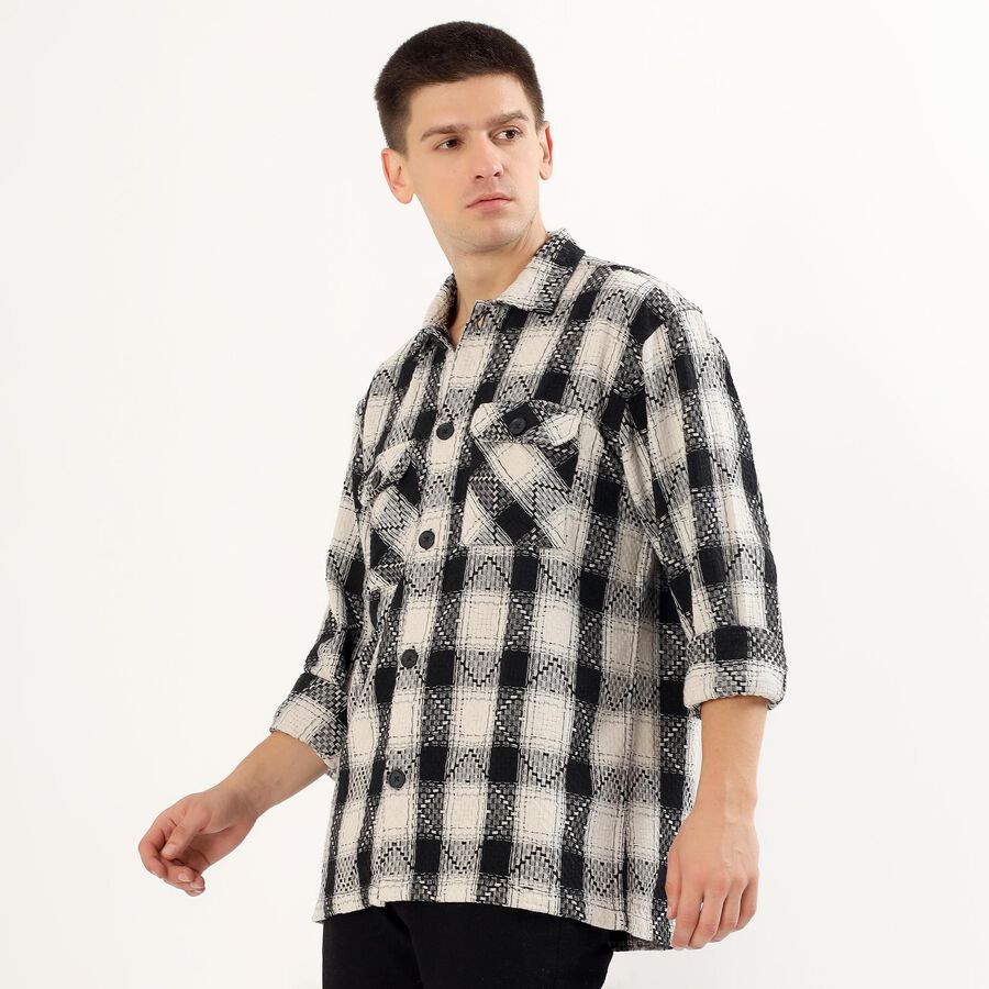 Men's Black and White Checked Spread Collar Casual Shirt, Off White, large