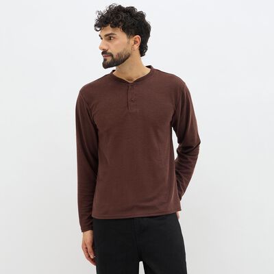 Men's Rich Brown Henley Neck Casual T-Shirt