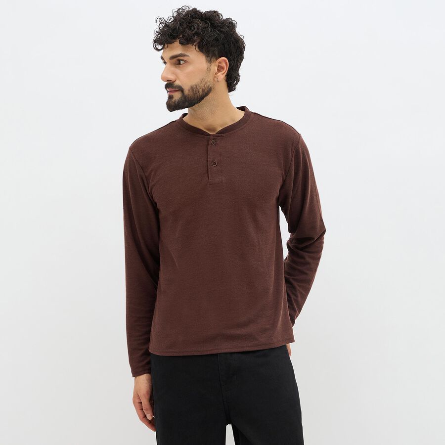 Men's Rich Brown Henley Neck Casual T-Shirt, Brown, large image number null