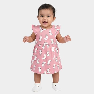 Infants' Pink Regular Fit Bunny Printed Ruffled Sleeve Frock
