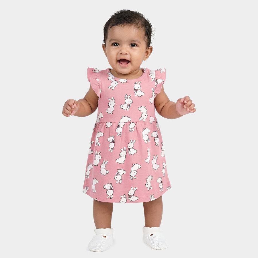 Infants' Pink Regular Fit Bunny Printed Ruffled Sleeve Frock, Light Pink, large