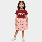 Girls' Maroon Short Sleeve Top and Pink Heart Print Skirt Set, Maroon, small