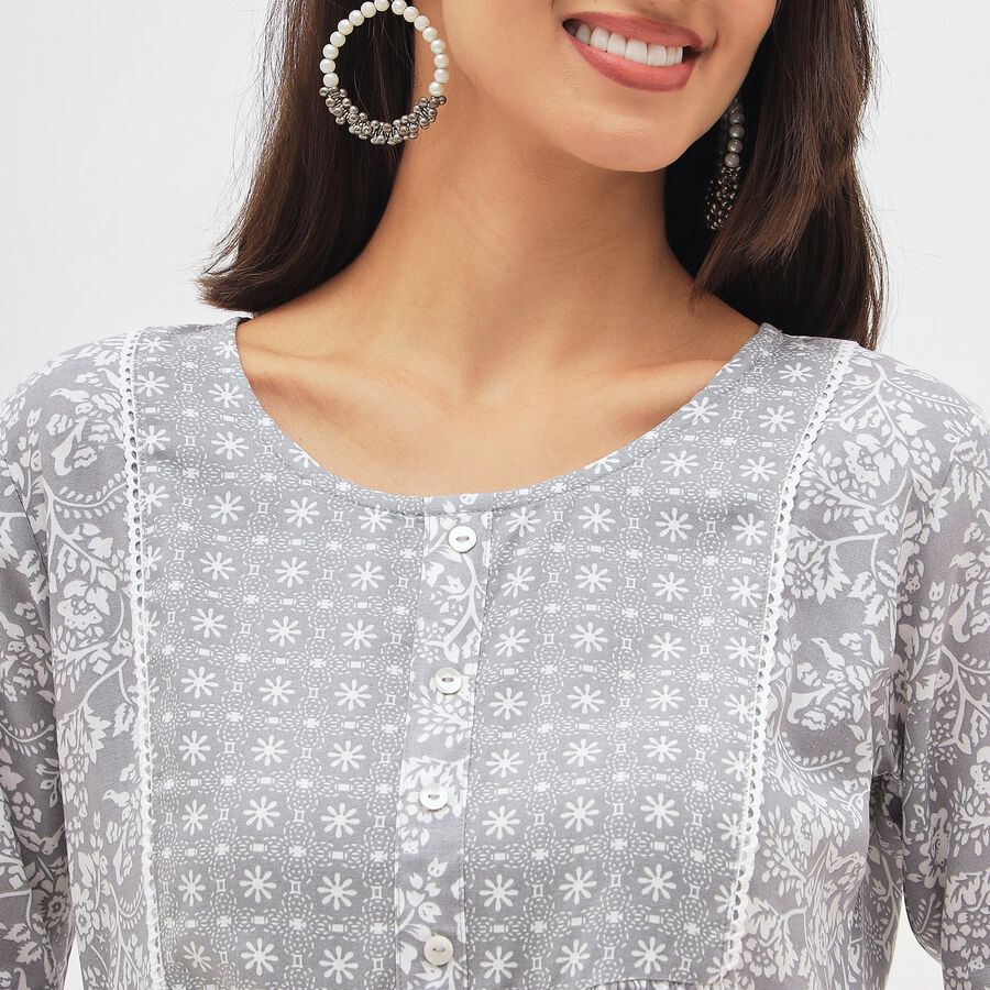 Women's Light Grey Round Neck Floral Printed Kurti, Light Grey, large image number null