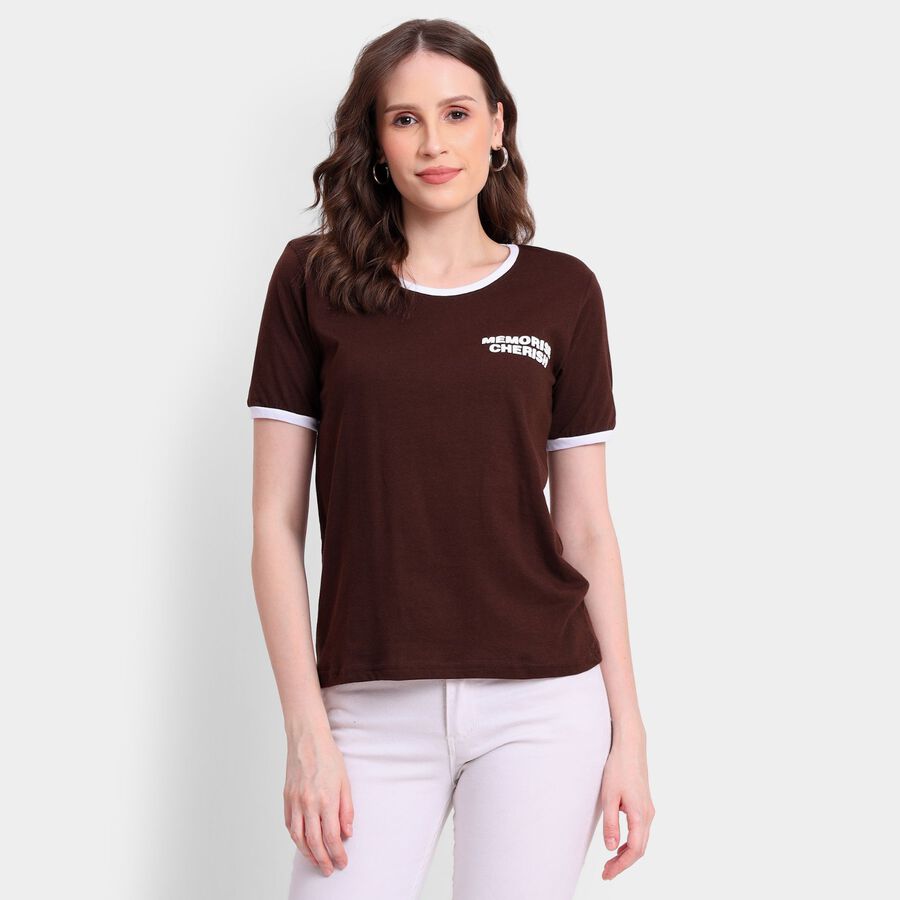 Ladies' Cotton Round Neck T-Shirt, भूरा, large image number null