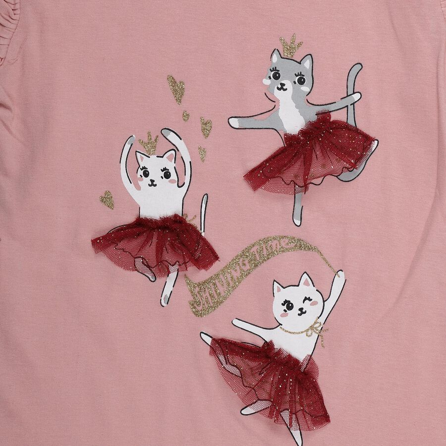 Girls' Pink Cotton Round Neck Ruffle Sleeve Printed T-Shirt, हल्का गुलाबी, large