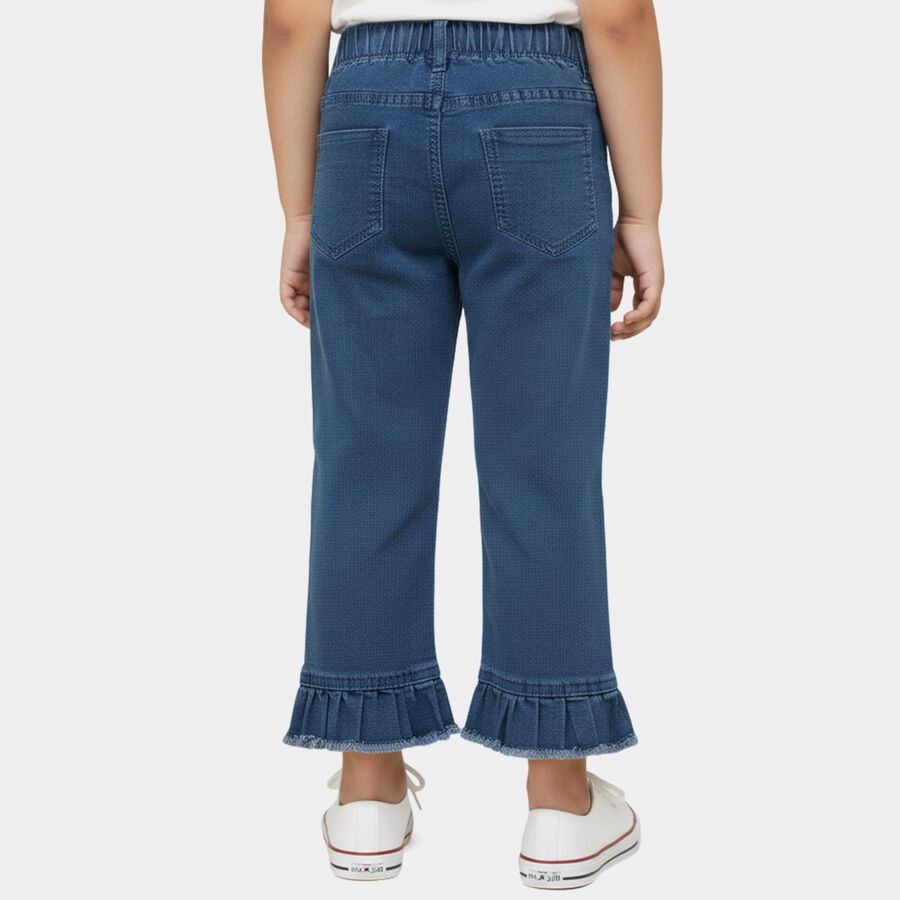 Girls' Navy Blue Regular Fit Ruffled Hem Embroidered Jeans, Mid Blue, large