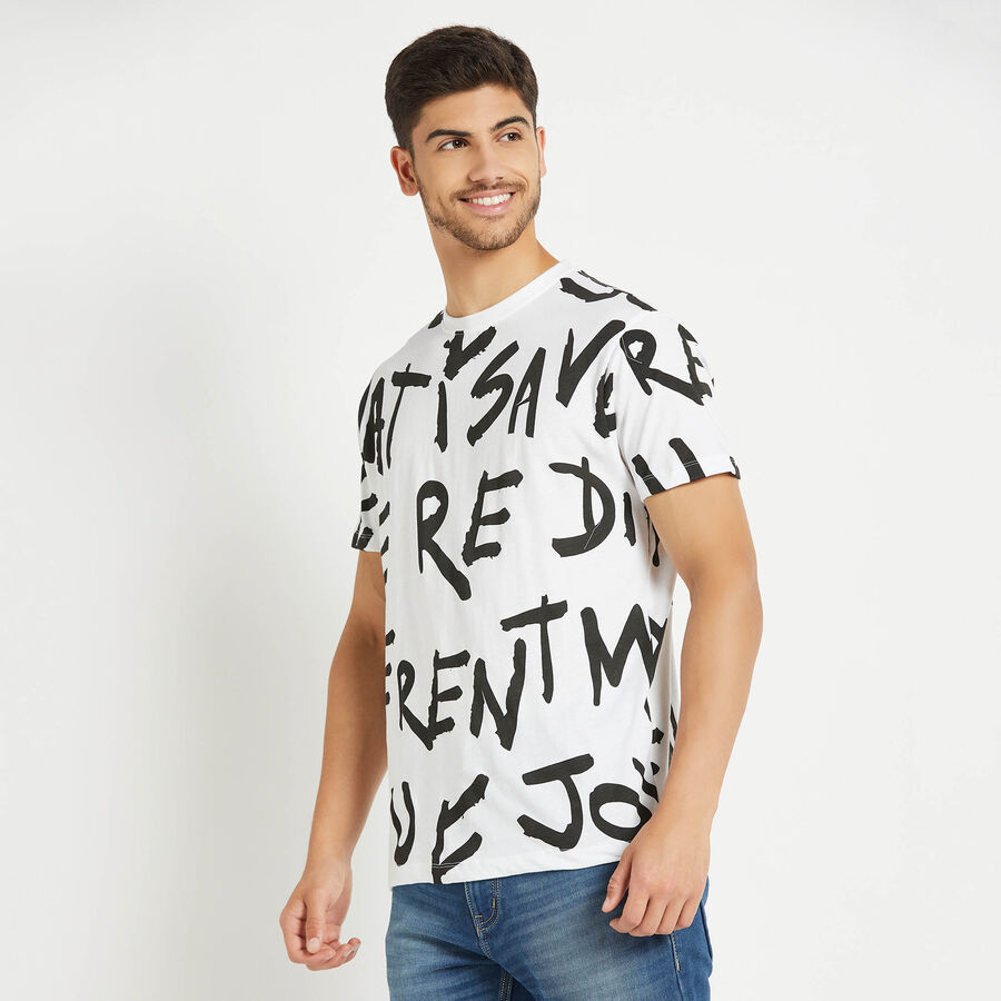Cotton All Over Print Round Neck T-Shirt, सफ़ेद, large image number null