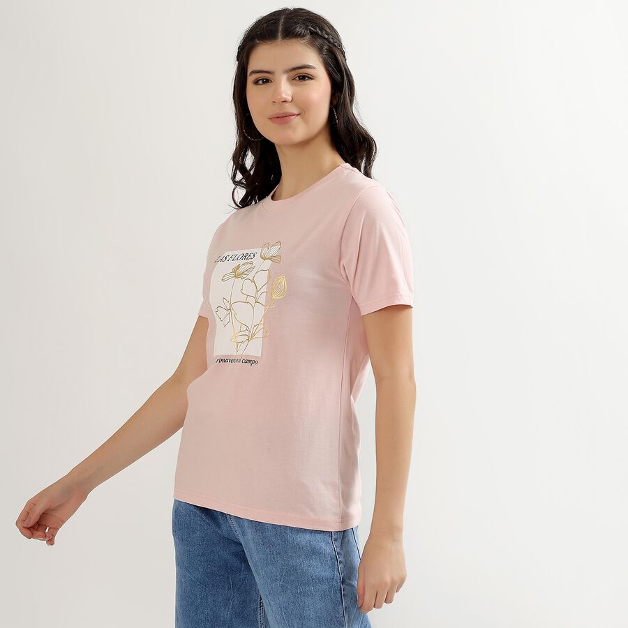 Women's Light Pink Cotton Round Neck Floral Print T-Shirt, Light Pink, large image number null