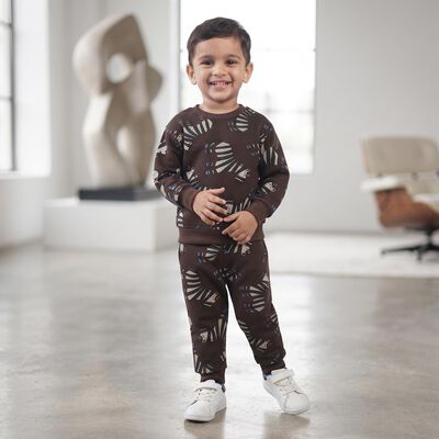 Boys Brown Crew Neck Graphic Print Baba Suit
