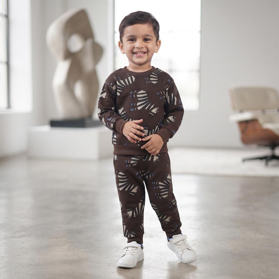 Boys Brown Crew Neck Graphic Print Baba Suit, Brown, large