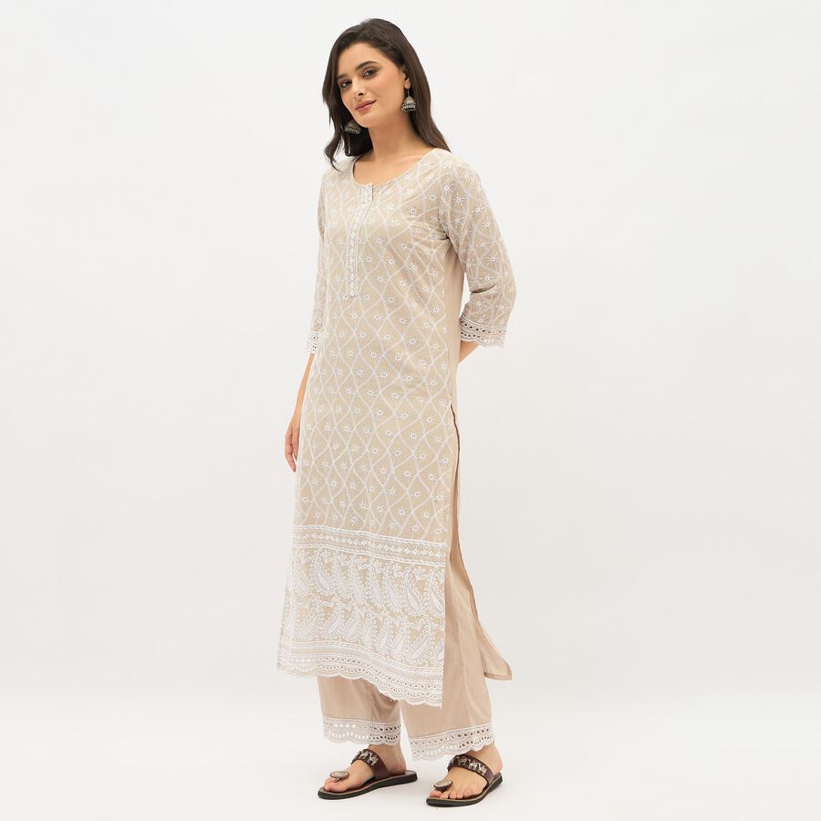 Women's Muted Beige Round Neck Embroidered Kurta, गहरा पीला, large