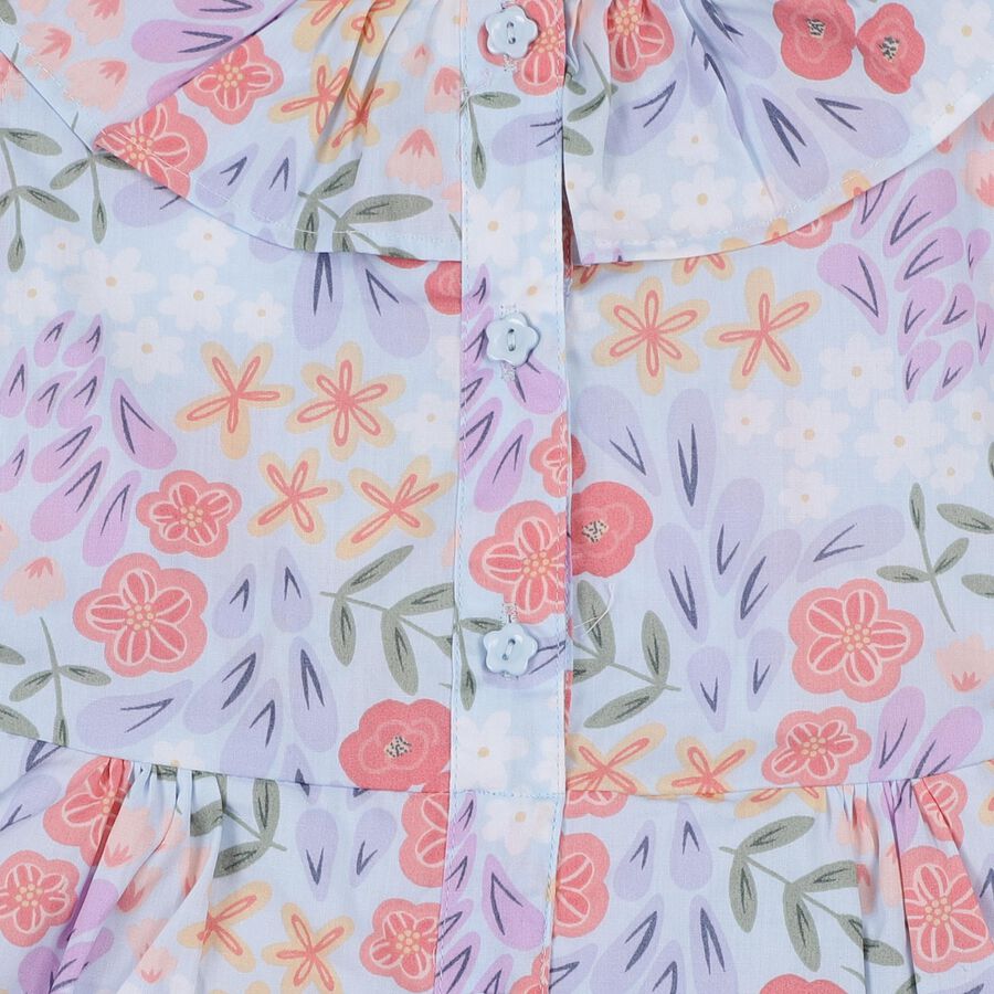 Girls' Pastel Blue Floral Print Sleeveless Cotton Frock, हल्का नीला, large