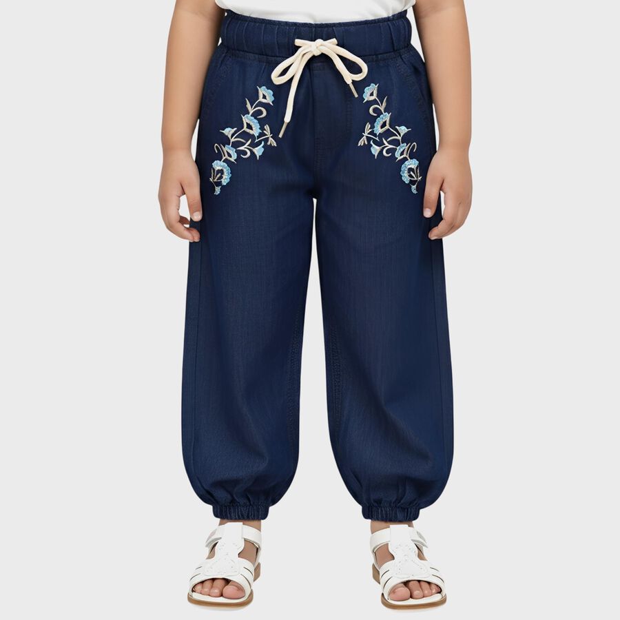Girls' Navy Blue Relaxed Fit Embroidered Jeans, Mid Blue, large