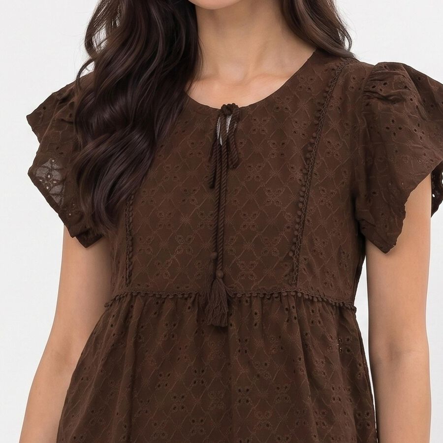 Women's Brown Round Neck Peplum Top, भूरा, large