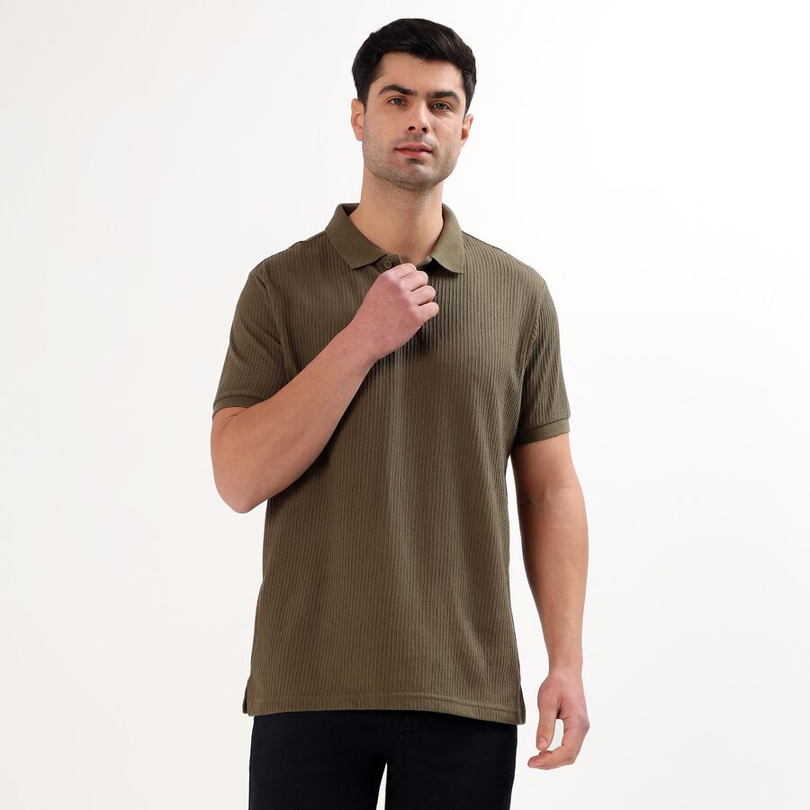 Men's Olive Green Polo Neck Textured T-Shirt, Olive, large